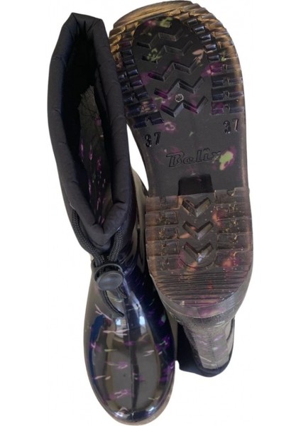 Konçlu Peluşlu Kadın Yağmur Çizmesi 36-40 Mor Çiçekli