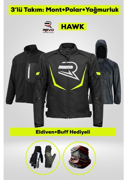 Hawk Neon Sarı 3 Katmanlı 4 Mevsim Unisex Motosiklet Montu + ELDİVEN VE BUFF HEDİYELİ