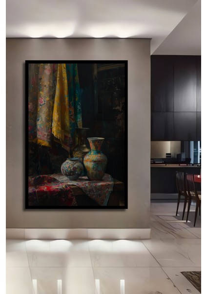 Çerçeve Görünümlü Vintage Çini Vazo Ile Ahşap Mdf Dekoratif Ev Duvar Tablo Dikdörtgen Ev Duvar Tablo