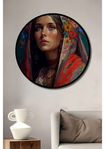 Çerçeve Görünümlü Çiçekli Kadın Portresi Dekoratif Ahşap Mdf Ev Duvar Tablo Yuvarlak Ev Duvar Tablo