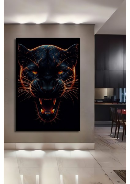 Çerçeve Görünümlü Parlayan Kara Panter Ahşap Mdf Dekoratif Ev Duvar Tablo Dikdörtgen Ev Duvar Tablo