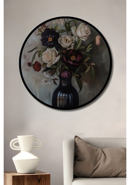 Çerçeve Görünümlü Çiçekli Vazoda Zarafet Ahşap Mdf Dekoratif Ev Duvar Tablo Yuvarlak Ev Duvar Tablo