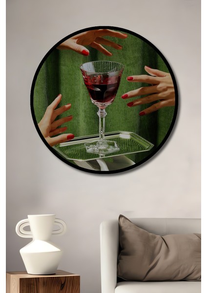 Çerçeve Görünümlü El Üzerinde Zarif Kadeh Ahşap Mdf Dekoratif Ev Duvar Tablo Yuvarlak Ev Duvar Tablo