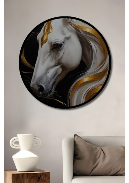 Çerçeve Görünümlü Altın Sarmallı Beyaz At Dekoratif Ahşap Mdf Ev Duvar Tablo Yuvarlak Ev Duvar Tablo