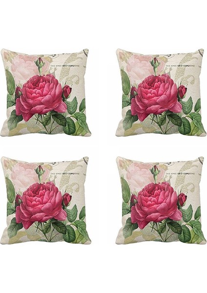 4x Vintage Çiçek/çiçek Keten Dekoratif Atma Yastığı Kılıf Yastık Kapağı Evde Kanepe Dekoratif (Gül Çiçeği) (Yurt Dışından)