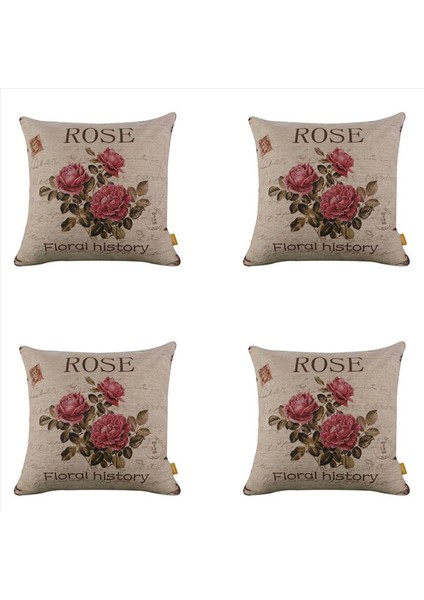 4x Vintage Çiçek/çiçek Keten Dekoratif Atma Yastığı Kılıf Yastık Kapağı Evde Kanepe Dekoratif (3 Gül) (Yurt Dışından)