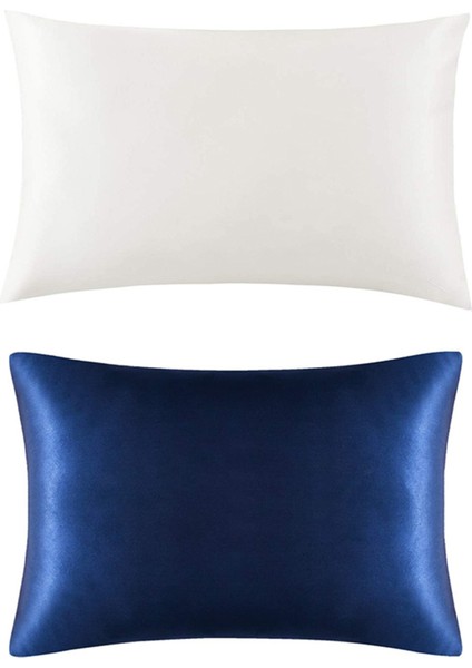 2 Adet Saç ve Cilt Için Doğal Saf Dut Ipek Yastık Kılıfı 600 Iplik Sayısı 50X75CM Fildişi Beyaz ve Lacivert (Yurt Dışından)