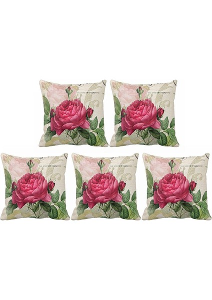 5x Vintage Çiçek/çiçek Keten Dekoratif Atma Yastığı Kılıf Yastık Kapağı Evde Kanepe Dekoratif (Gül Çiçeği) (Yurt Dışından)