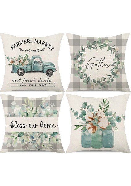 Bahar Yastığı 18X18 Set 4 Çiftlik Evi Atma Yastık Yayını Yay Süslemeleri Buffalo Ekose Yastık Kılıfı Ev Dekoru (Yurt Dışından)