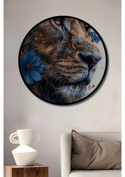 Çerçeve Görünümlü Mavi Çiçekler ve Aslan Ahşap Mdf Dekoratif Ev Duvar Tablo Yuvarlak Ev Duvar Tablo