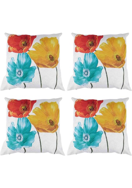 4x Keten Kare Dekoratif Atma Yastık Büyüleyici Güzel Üç Renkli Kırmızı Sarı Mavi Haşhaş Çiçekler 45X45CM (Yurt Dışından)