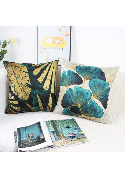 Kare Atma Yastığı Kapakları 4 Yeşil ve Altın Yapraklar Yastık Kapakları Keten Kanepe Yastıkları 45CM x 45CM (Yurt Dışından) fırsatları