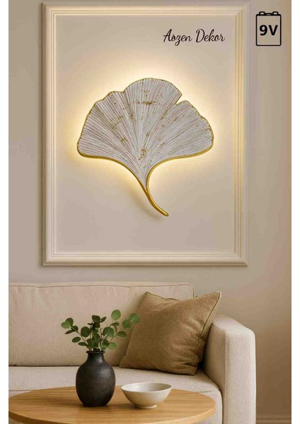 Beyaz Mabet Yaprağı Dekoratif Duvar Apliği – 35×32 cm | Gold Damarlı & Damlacıklı Tasarım
