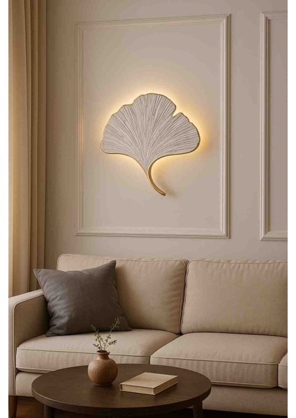 Beyaz Mabet Yaprağı Dekoratif Duvar Apliği – 35×32 cm | Gold Damarlı & Damlacıklı Tasarım fiyatları