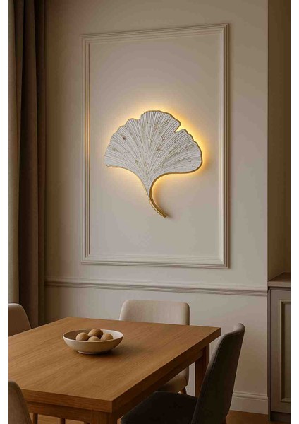 Beyaz Mabet Yaprağı Dekoratif Duvar Apliği – 35×32 cm | Gold Damarlı & Damlacıklı Tasarım modelleri