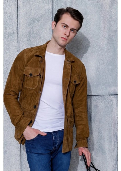 Erkek Safari Düğmeli Hakiki Deri Taba Süet Ceket modelleri