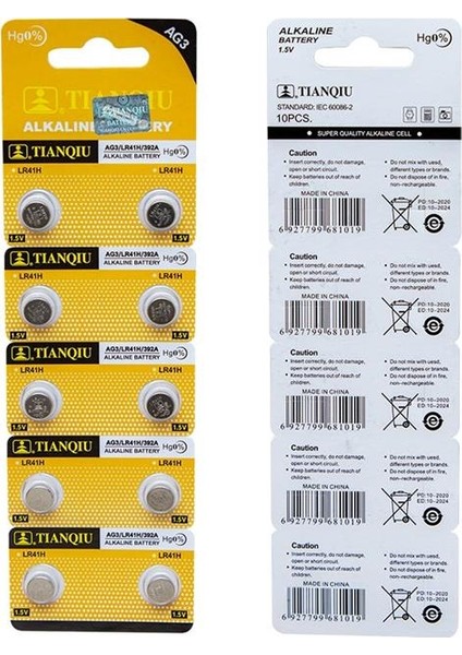 Tianqiu AG3 LR41 Alkalin Saat Pili 10'lu Paket modelleri