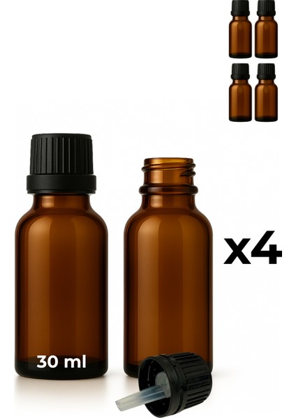 4’lü 30 ml Amber Cam Serum Şişesi + Siyah Içten Damlalıklı Kapak