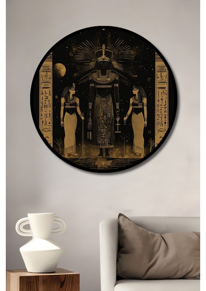 Çerçeve Görünümlü Mısır Mitolojisi Temalı Dekoratif Ahşap Mdf Ev Duvar Tablo Yuvarlak Ev Duvar Tablo