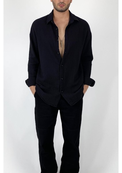 Oversize Yazlık Siyah Müslin Kumaş Gömlek indirimleri