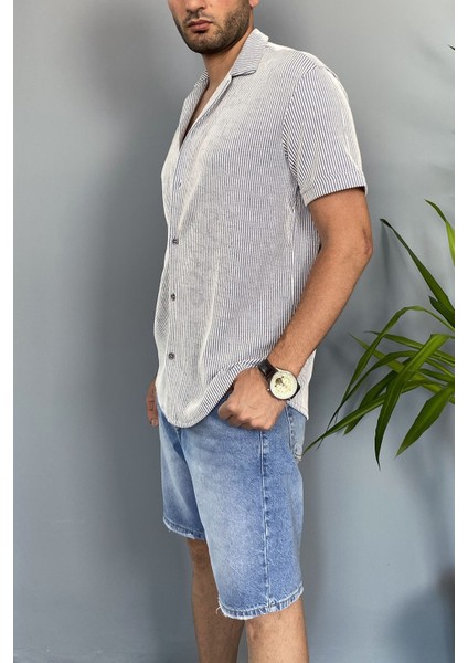 Kısa Kollu Jakarlı Mavi Gömlek modelleri