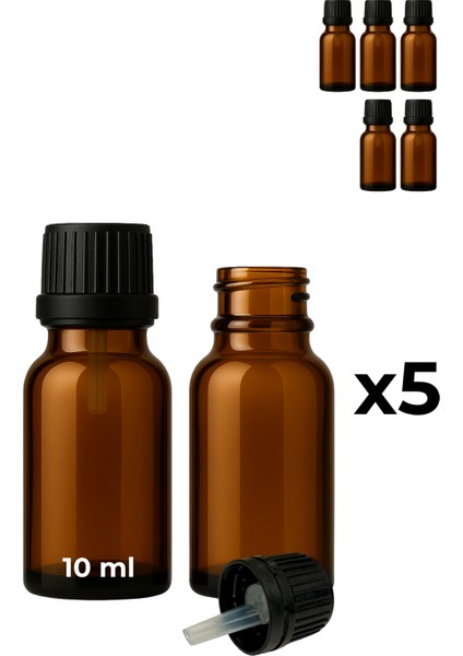 5’li 10 ml Amber Cam Serum Şişesi + Siyah Içten Damlalıklı Kapak