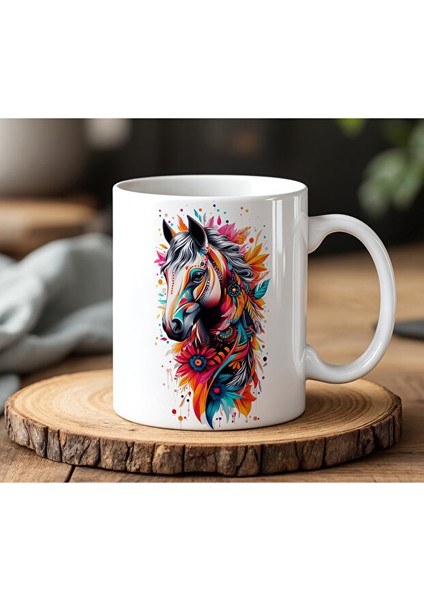 Renkli At Tasarımlı Beyaz Seramik Baskılı Kupa Bardak