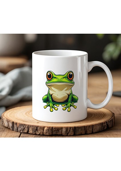 Yeşil Kurbağatasarımlı Beyaz Seramik Baskılı Kupa Bardak