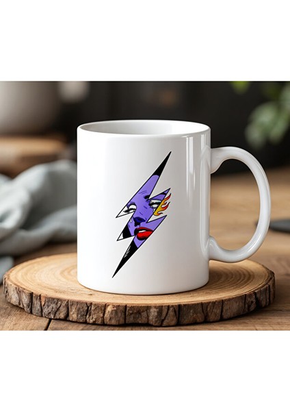 Kadın Temalı Şimşek Tasarımlı Beyaz Seramik Baskılı Kupa Bardak