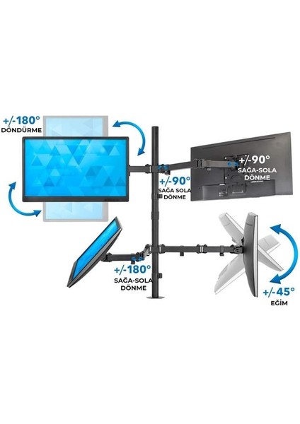 PowerMaster PM-054 13-27'' Dörtlü (Quad) Mekanik LCD-LED Gaming Monitör Tutucu Masa Stand Askı Aparatı fırsatları