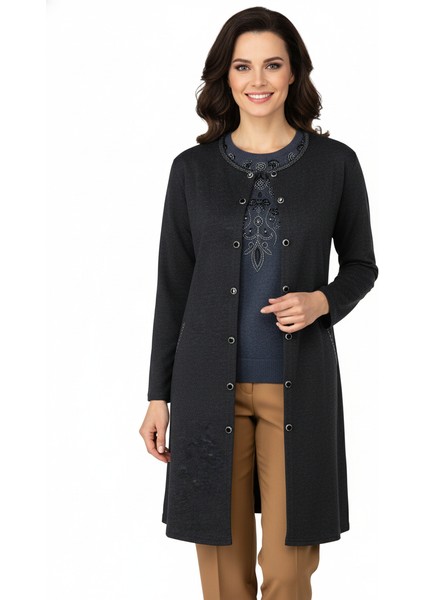 Kadın Kışlık Anne Uzun Hırka Ecrin Örme Önü Düğmeli Cepli Likralı Bisiklet Yaka Göl Model