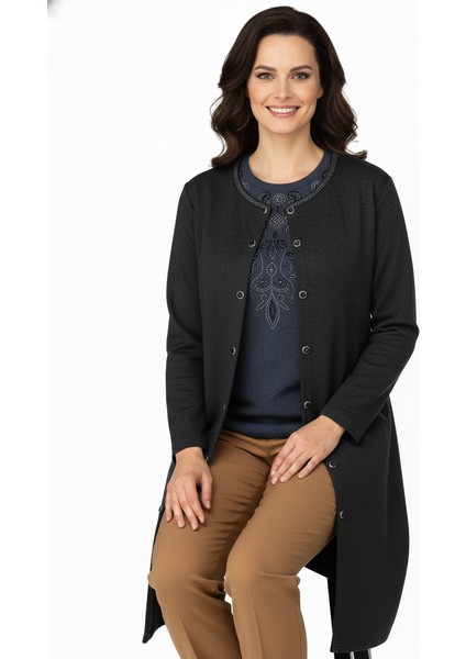 Kadın Kışlık Anne Uzun Hırka Ecrin Örme Önü Düğmeli Cepli Likralı Bisiklet Yaka Göl Model modelleri