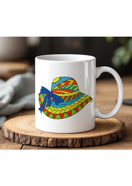 Renkli Şapka Tasarımlı Beyaz Seramik Baskılı Kupa Bardak