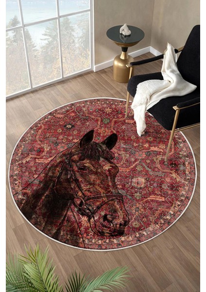 Kilim Desenli At Figurlu Yıkanabilir Kaymaz Taban Bordo Yuvarlak Halı