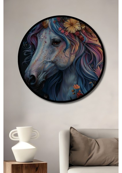 Çerçeve Görünümlü Büyülü Çiçekli Unicorn Dekoratif Ahşap Mdf Ev Duvar Tablo Yuvarlak Ev Duvar Tablo