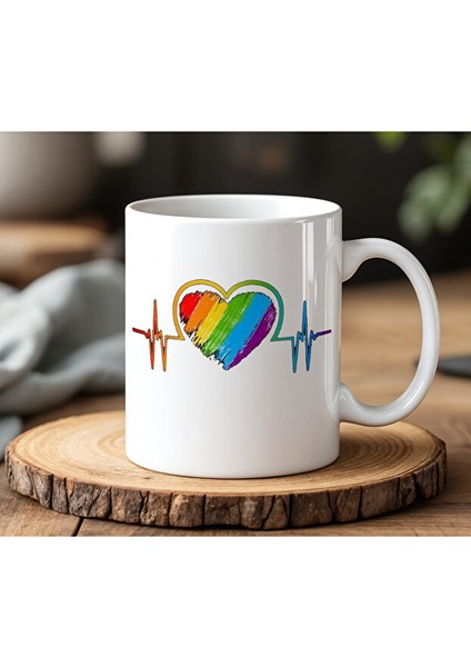 Rengarenk Kalp Ritmi Tasarımlı Beyaz Seramik Baskılı Kupa Bardak