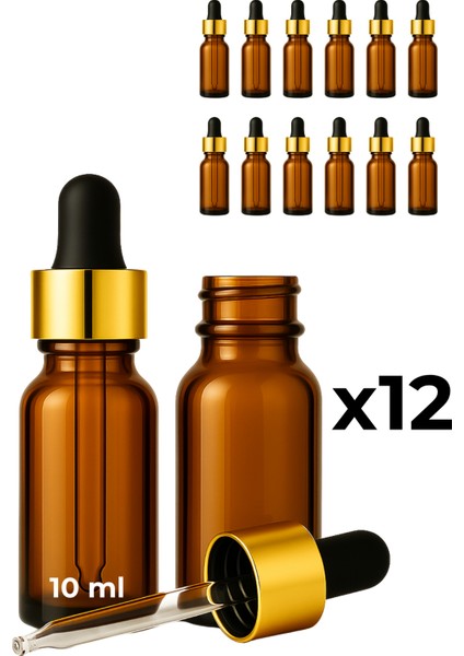 12’li 10 ml Amber Cam Serum Şişesi + Gold (Altın) Metal Kapaklı Siyah Uçlu Damlalık
