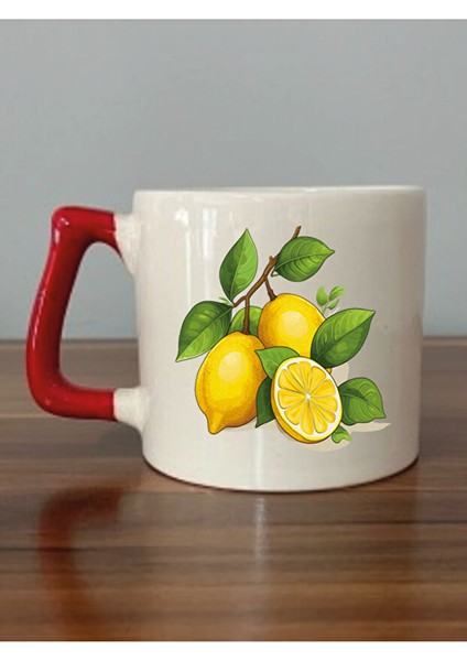 Limon Temalı Kırmızı Kulplu Kupa Bardak