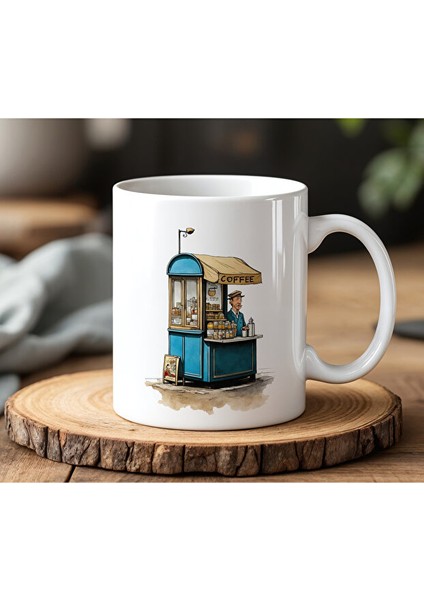 Coffee Shop Tasarımlı Beyaz Seramik Baskılı Kupa Bardak