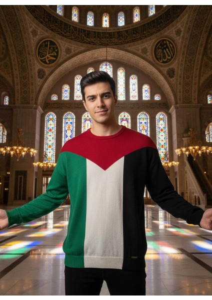 Unisex Filistin Temalı Bisiklet Yaka Triko Kazak