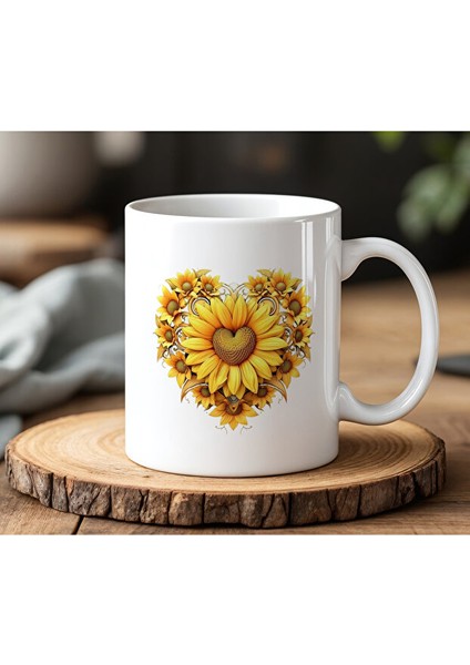 Ayçiçek Tasarımlı Beyaz Seramik Baskılı Kupa Bardak