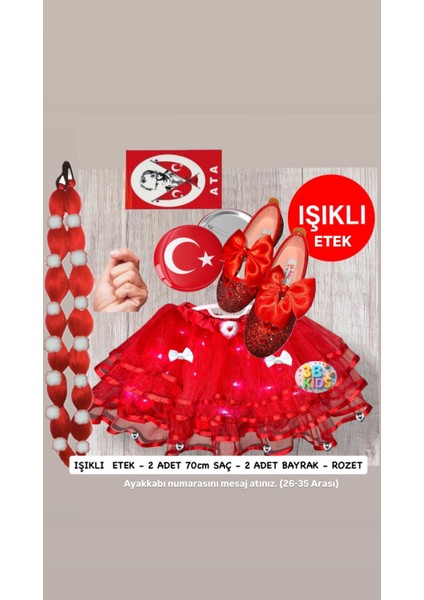 23 Nisan Işıklı Kırmızı Tütü Etek Kırmızı Babble Saç Kırmızı Babet Türk Bayrağı Rozet Seti