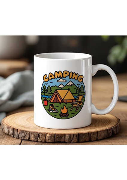 Camping Tasarımlı Beyaz Seramik Baskılı Kupa Bardak
