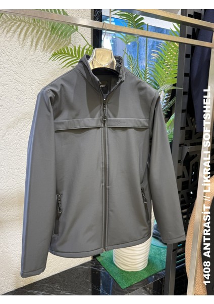 Erkek Dik Yaka Su Itici Likralı Softshell Kumaş Büyük Beden Mont