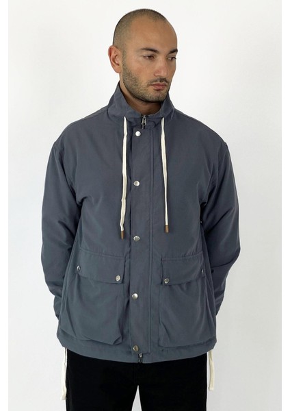 Cepli Gri Mevsimlik Rüzgar Geçirmez Ince Mont