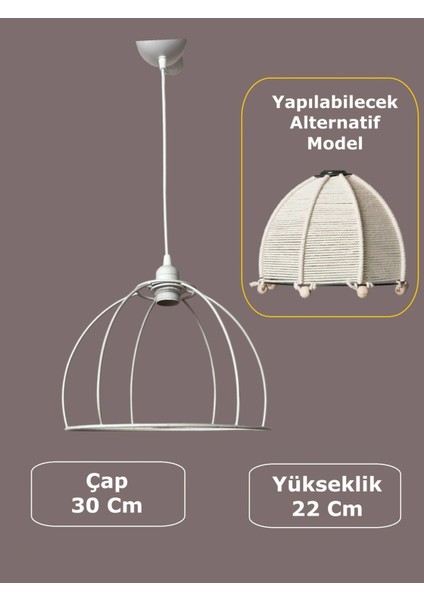 Yarım Küre Avize Teli , Iskeleti (30X22 Cm) Beyaz Statik Boyalı (Duy Takımı Dahil)