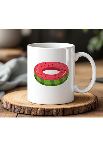 Karpuz Dilimli Havuz Simidi Tasarımlı Beyaz Seramik Baskılı Kupa Bardak