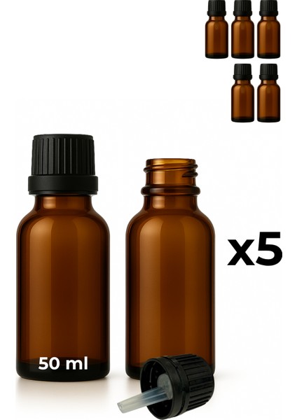 5’li 50 ml Amber Cam Serum Şişesi + Siyah Içten Damlalıklı Kapak