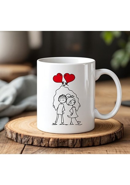 Balon Tutan Sevgililer Tasarımlı Beyaz Seramik Baskılı Kupa Bardak