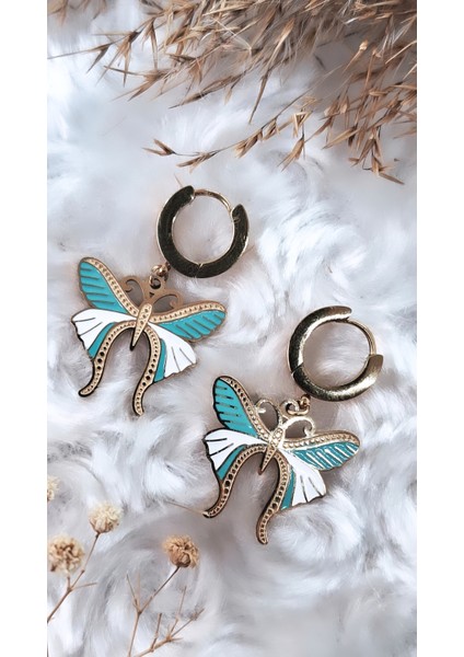 Mavi Beyaz Mineli Kelebek Çelik Küpe